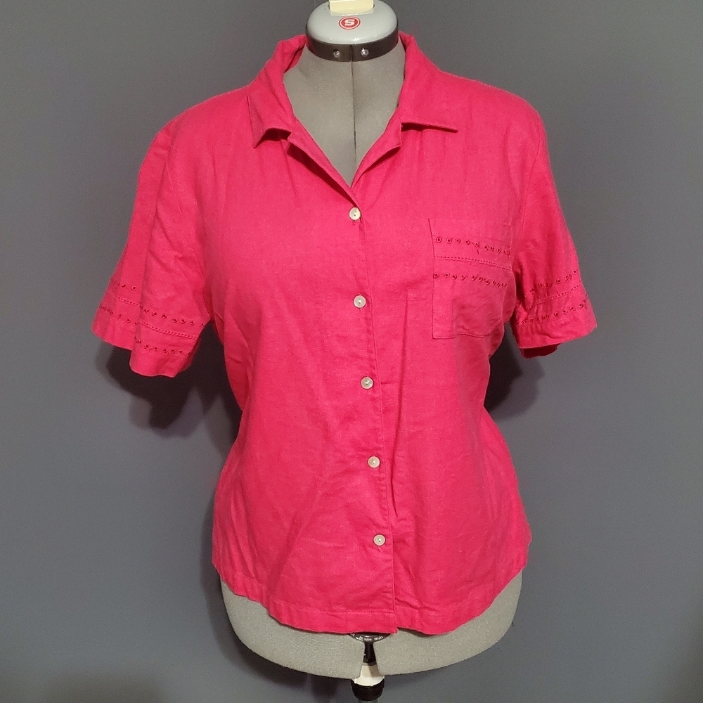 Kim Rogers Shirt Pink Linen Blend Blouse Short Sleeve Eyelet